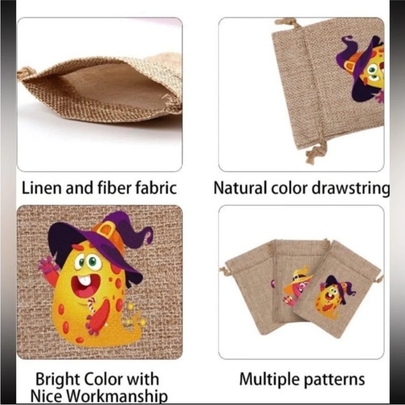 18PCS Halloween Burlap Gift Bags - Large Monster Goody Treat Bags w/ Drawstring - Picture 3 of 6